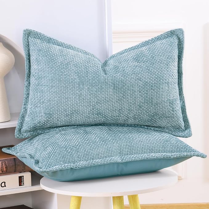MADIZZ Decorative Chenille Velvet Throw Pillow Covers Set of 2 Soft Boho Textured Neutral Couch Throw Pillow for Bed Modern Farmhouse Home Decor for Sofa Livingroom Light Blue 12x20 Inch