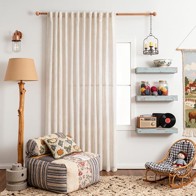 MYSKY HOME Natural Linen Curtains for Bedroom Living Room, Semi Sheer Curtains & Drapes 84 inches Length Farmhouse Country Style Back Tab Draperies for Sliding Glass Door, 100" Wide, 1 Panel