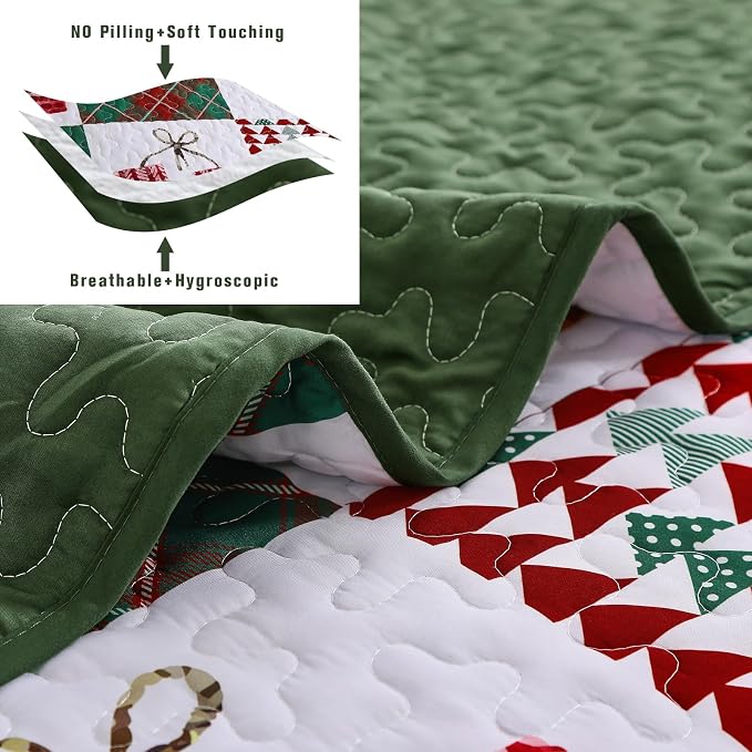 Mybedsoul Christmas Quilt Set Queen Size, Christmas Patchwork Bedding Set | 3 Pieces Snowflake Wreaths Pine Holiday, Red Vanilla Grid Coverlet Bedspread Coverlet with 2 Pillowcases for All Seasons