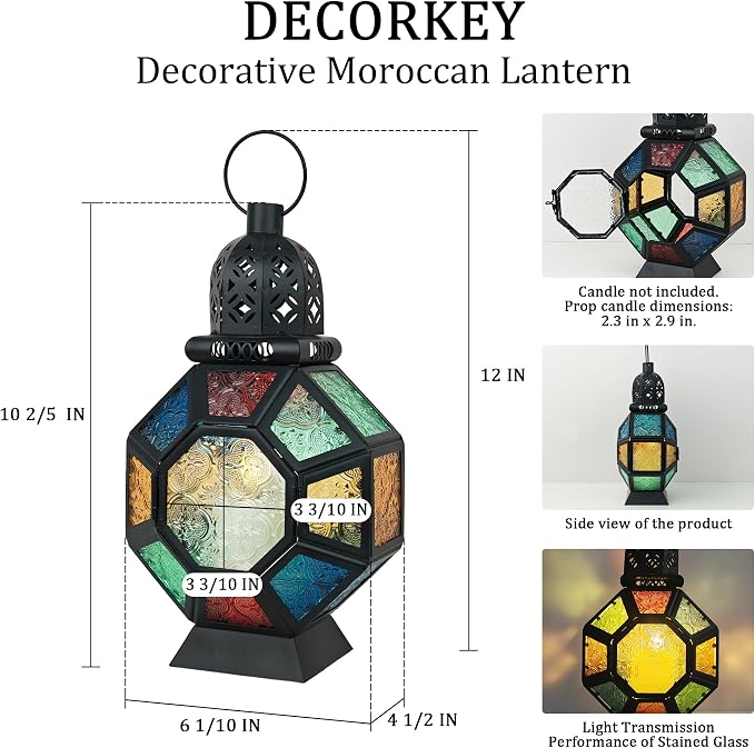 Vintage Large Size Decorative Ramadan Candle Lantern, 12’’ Metal Hanging&Tabletop Moroccan Stained Glass Lantern Candle Holder Decor, Decorations for Home Indoor Outdoor Patio (Colorful)
