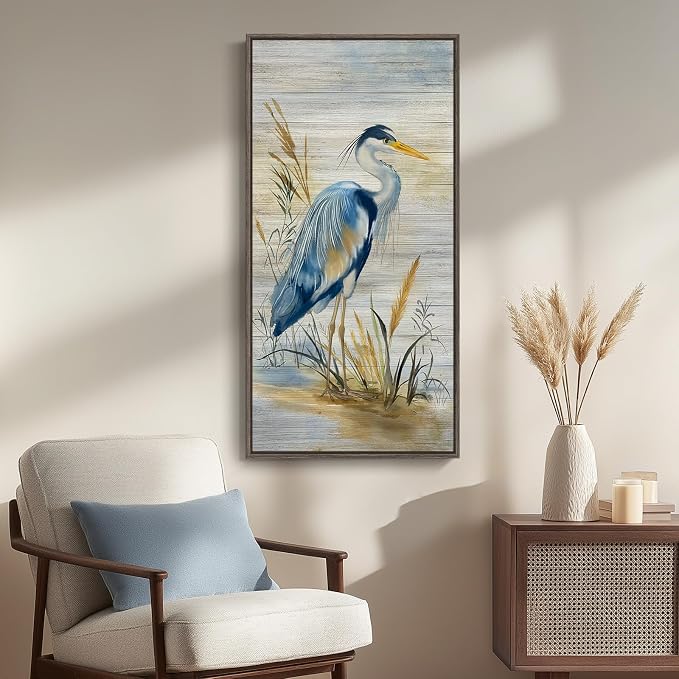 Framed Vertical Coastal Blue Heron Wall Art for Living Room, 20x40 Inch | Vintage, Farmhouse, Nature, Bird, Blue, Large, Office wall art, Kitchen wall decor, Foyer decor, Ready to hang, Wood frame