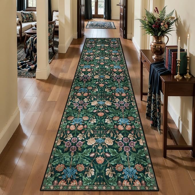 Ciicool 2x10 Hallway Runner Rug Non Slip Floral Washable Long Kitchen Rugs | Low Pile Soft Boho Indoor Carpet for Entrance Laundry Bedroom Living Room