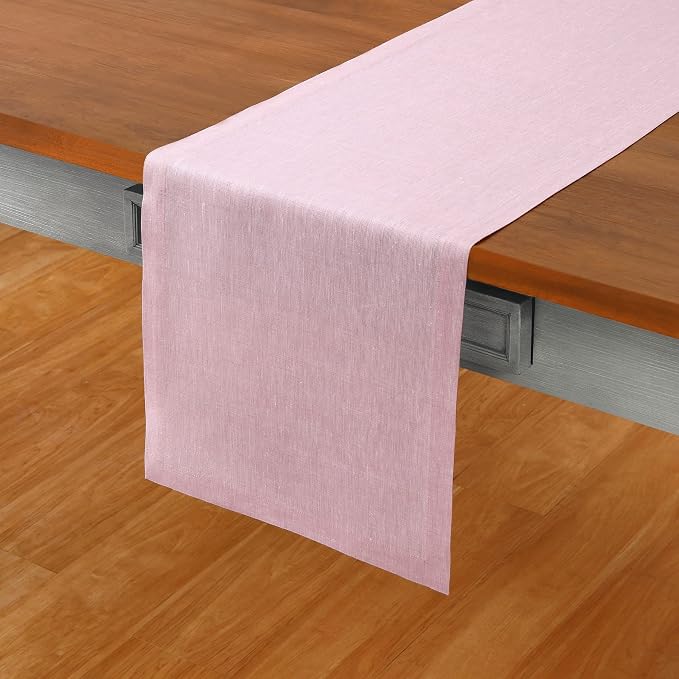 Solino Home 100% Pure Linen Dining Table Runner Pink, Athena 14 x 156 in | dresses up dining tables for everyday meals, European flax fibres, machine washable, Bubblegum Pink, soft, OEKO-TEX Certified
