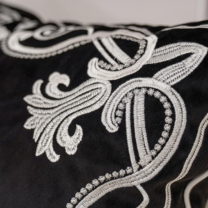 Aeckself European Floral Pillow Cover 12x20 Inch, Luxury Velvet Embroidered Lumbar Pillow Case for Sofa Bedroom Living Room White Black