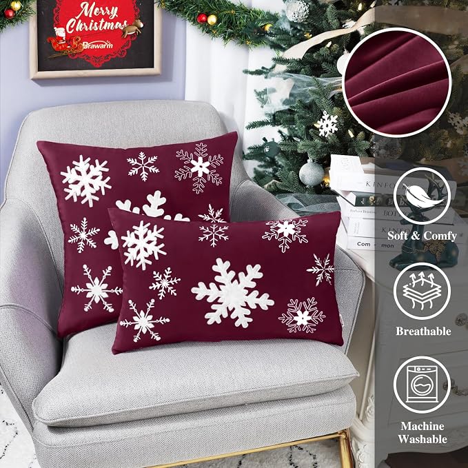 BRAWARM Christmas Pillow Cover 12 X 20 Inches, Burgundy Snowflake Embroidered Lumbar Pillow Cover, Soft Velvet Decorative Throw Pillow for Couch Bed Sofa Living Room Home