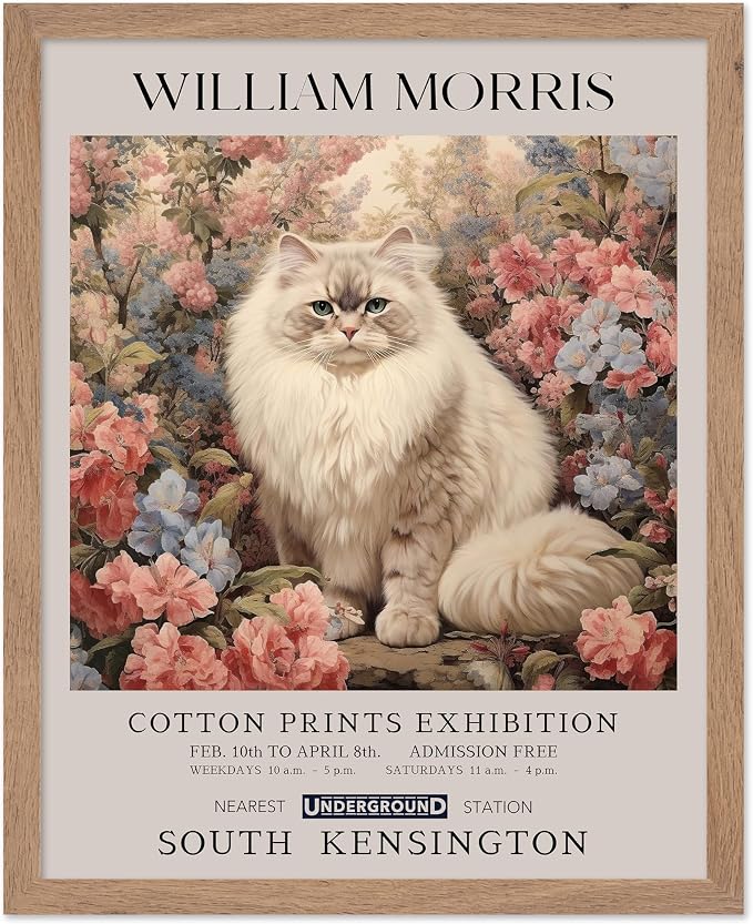 Poster Master Persian Cat Print - Flower Art - Botanical Design - Exhibition Display - Animal Illustration - Floral Cat Painting - Aesthetic Office or Bedroom Decor - 11x14 Beige Framed