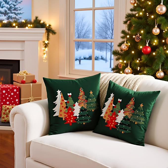 Christmas Throw Pillow Covers 18x18 Set of 2 Forest Green Tree
