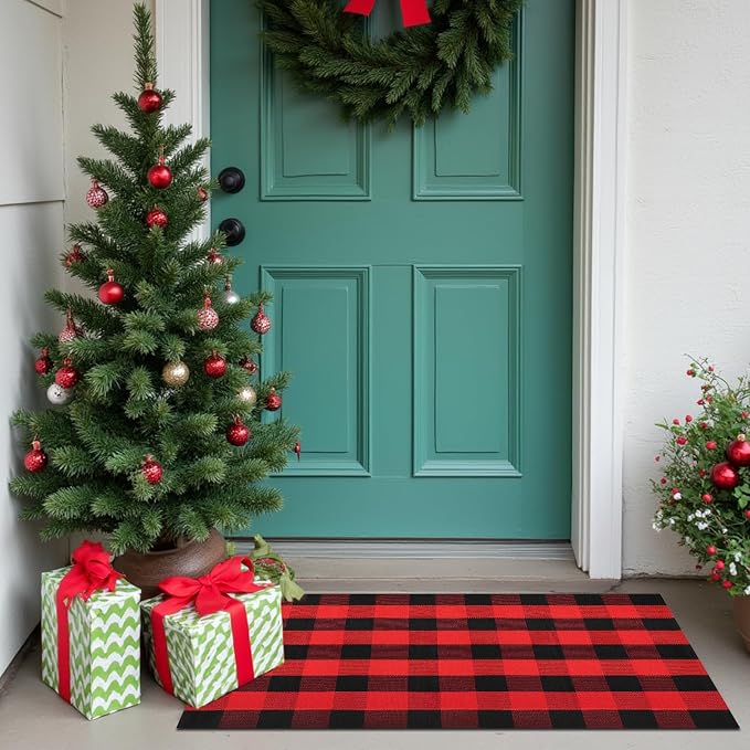 Buffalo Plaid Area Rug, Checkered Rug 27.5x43 Inches, Black and Red Rug, Washable Cotton Mat for Front Porch, Entryway, Kitchen, Living Room, Christmas Decor