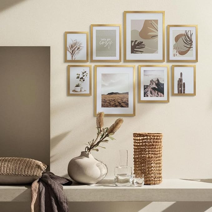 Gallery Wall Frame Set, 8 Pack Neutral Wall Decor, Gold, Large | Elegant Collage Picture Frames Wall Art for Living Room, Entryway, Stairway, Bedroom, Assorted Size