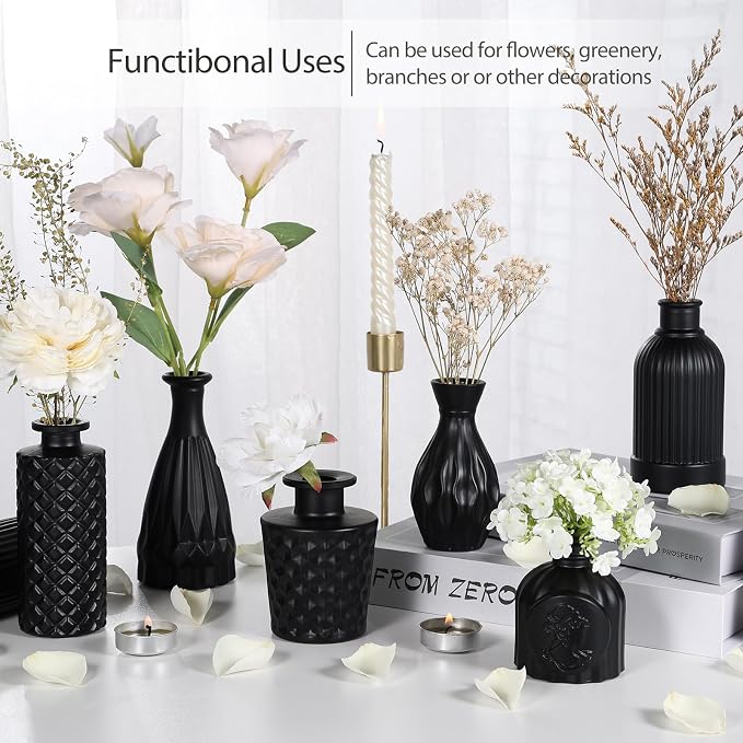 TBWIND 12 Pcs Black Glass Bud Vase Set, Small Vases for Flowers | Bud Vase for Centerpieces in Bulk, Mini Vintage Vase, For Rustic Wedding Decorations, Office and Home Table Flower Décor