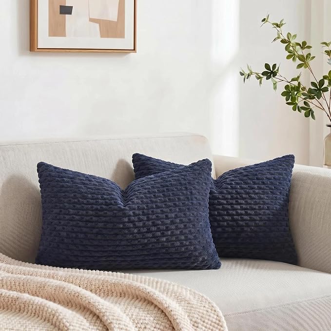Fancy Homi 2 Packs Navy Blue Long Lumbar Decorative Throw Pillow Covers 16x24 Inch for Couch Bed Sofa, Modern Farmhouse Boho Home Decor, Soft Cute Plush Corduroy Rectangle Cushion Case 40x60 CM