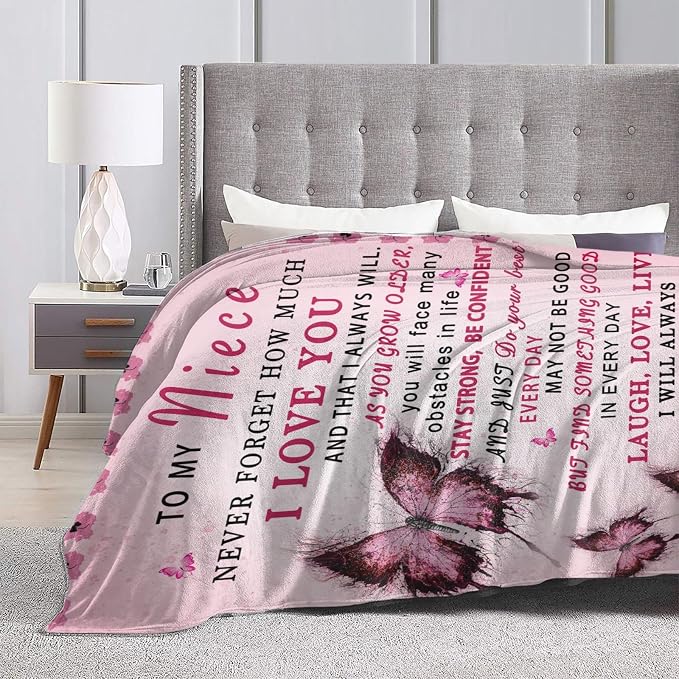 Niece Blanket from Aunt - Niece Gifts from Auntie - Gifts for Nieces from Aunt - Nieces Gift for Birthday & Graduation, Soft Flannel Throw Blanket, Pink Butterfly, 60"x50"