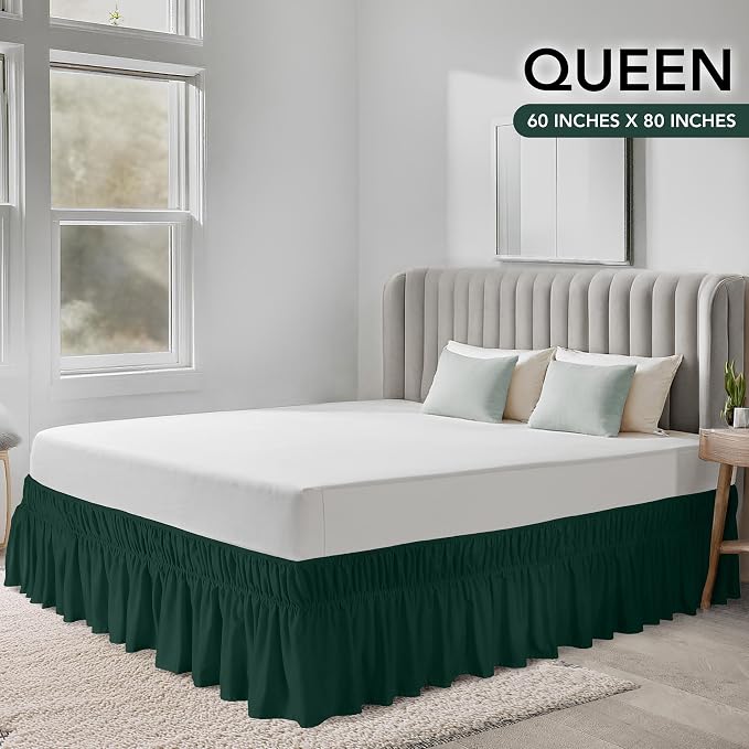 Wrap Around Queen Bed Skirt, Easy Fit Elastic Belt, 16 Inch Drop, Emerald | No Mattress Lifting, Stay-Put Design, Adjustable Buckle & Elastic Belt, Wrinkle & Fade Resistant, Brushed Microfiber