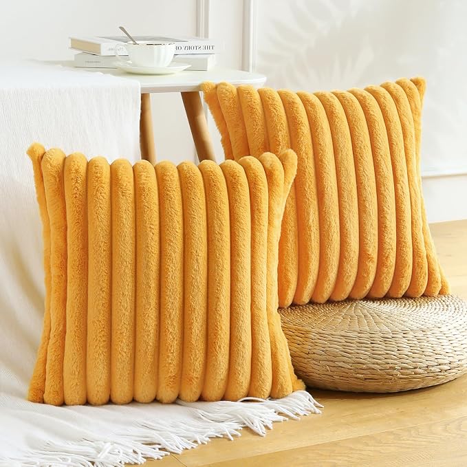 Soleebee Set of 2 Throw Pillow Covers Soft Cozy Velvet Pillowcase Faux Rabbit Fur Cover for Couch Sofa Bed Chair Home Decorative Pillows Cover (22x22 Inch, Mustard Yellow)