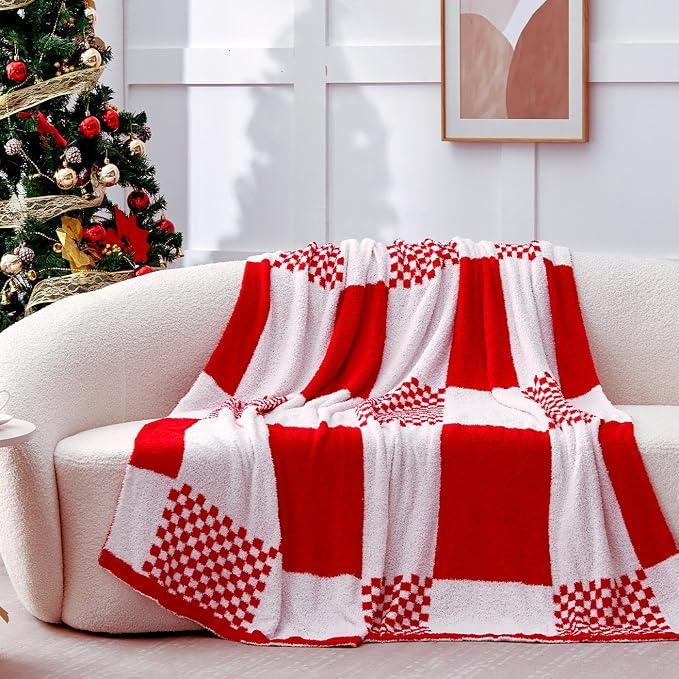 Red Checkered Throw Blankets for Christmas, Buffalo Plaid Throw Blanket Ultra Soft Warm Premium Microfiber Yarn Blanket for Couch, Reversible Cozy Knitted Blanket,Red White,50"x60"