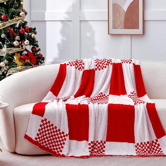 Red Checkered Throw Blankets for Christmas, Buffalo Plaid Throw Blanket Ultra Soft Warm Premium Microfiber Yarn Blanket for Couch, Reversible Cozy Knitted Blanket,Red White,50"x60"