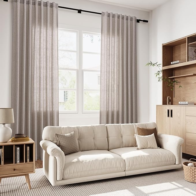 Brownish Grey Linen Curtains for Living Room 112 Inches Long Back Tab Light Filtering Semi Sheer Curtain Modern Farmhouse Decor for Bedroom Office Luxury Textured Drapes 52x112, 2 Panels