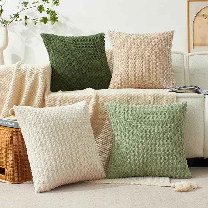 Kevin Textile Spring Throw Pillow Covers Pack of 4 Super Soft Boho Corduroy Decor Pillow Cases Mix and Match Colors Plush Texture Accent Pillows for Sofa Couch Living Room Chair 20x20 Inch, Green
