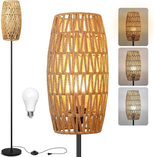 Ruiever Floor Lamp for Living Room,Farmhouse Floor lamp,Modern Standing lamp with Hand-Worked Rattan Shade (Drum Rattan Shade Black Body Color-3 Color Bulb)
