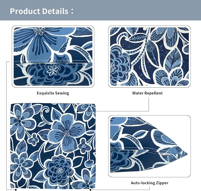 Outdoor Pillow Covers for Patio Furniture 20x20 Inch, Decorative Patio Throw Pillow Covers Set of 2, Modern Square Cushion Cases for Porch Garden Home Office,Flower Navy
