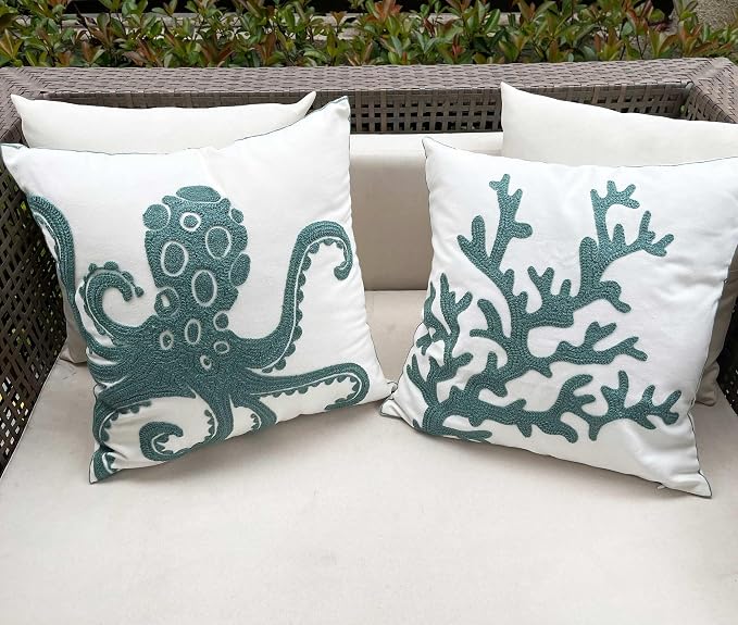 Embroidered Cute Nautical Animal Pillow Cover,Square 18 Inches Decorative Canvas Pillow Cover for Nautical Style Deco by (Seagreen-Octopus)