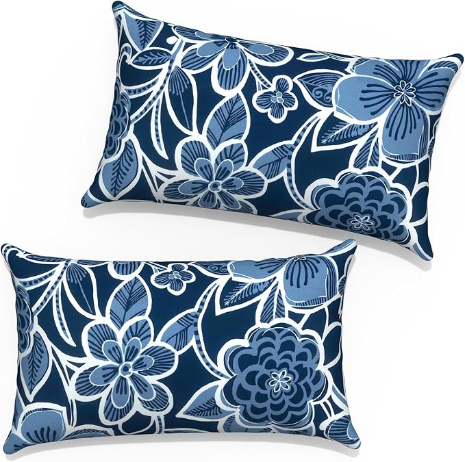 Outdoor Lumbar Pillow Covers 12”x20”, Rectangle Throw Pillow Covers for Patio Furniture, Decorative Lumbar Cushion Case for Garden Balcony Couch Office Chair, Pack of 2,Flower Navy