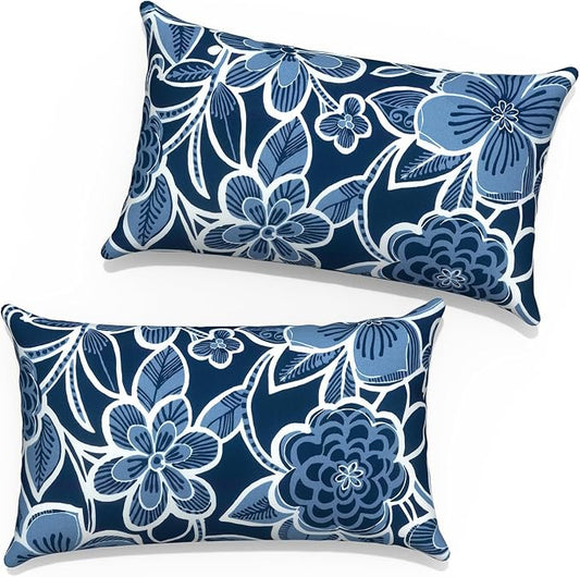 Outdoor Lumbar Pillow Covers 12”x20”, Rectangle Throw Pillow Covers for Patio Furniture, Decorative Lumbar Cushion Case for Garden Balcony Couch Office Chair, Pack of 2,Flower Navy