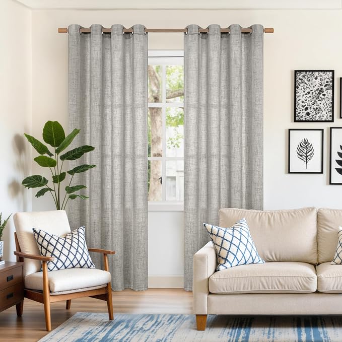 YoungsTex Dark Grey Linen Curtains 84 Inch Length 2 Panels with Grommet | Light Filtering Drapes Semi Sheer Privacy Textured for Living Room Bedroom, 52 X 84 Inch
