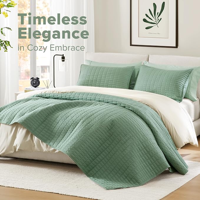 Comfort Spaces Oversized Bedspread King Quilt Set 3P 120 x 118 Sage Green | Coverlet for Summer Soft Cozy Lightweight All Season Quilted Extra Layer with Matching Sham, Bedroom Decor OEKO-TEX Certified