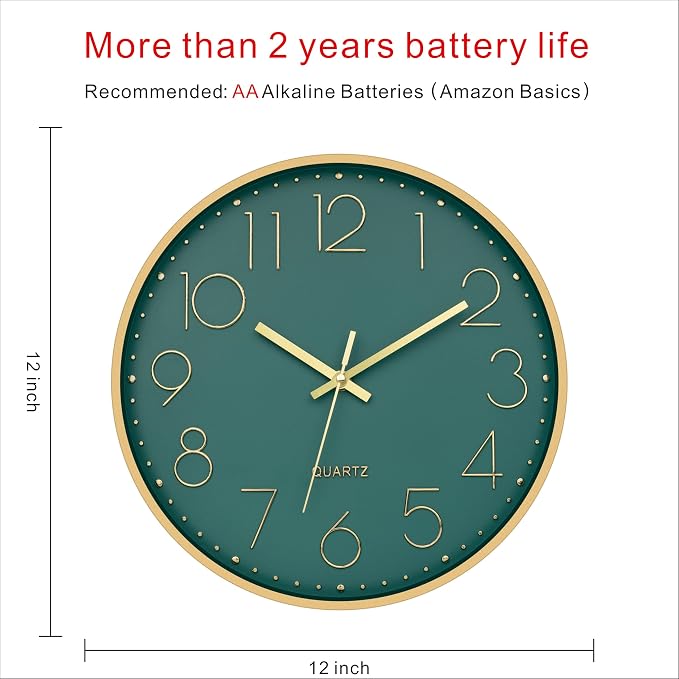 Foxtop 12" Modern Wall Clock Silent Battery Operated Metal Gold Clock | Dark Green Dial, Non-Ticking, Round, Analog Clock, Quartz, Easy to Read, Living Room, Bedroom, Kitchen, Office