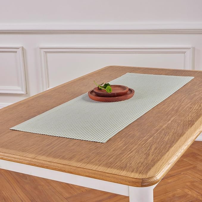Solino Home 100% Linen Table Runner, 14 x 60 in, Avocado and White Striped | Narrow Stripe, styles dining tables for meals and celebrations, woven stripe, European flax fibres, soft, OEKO-TEX Certified