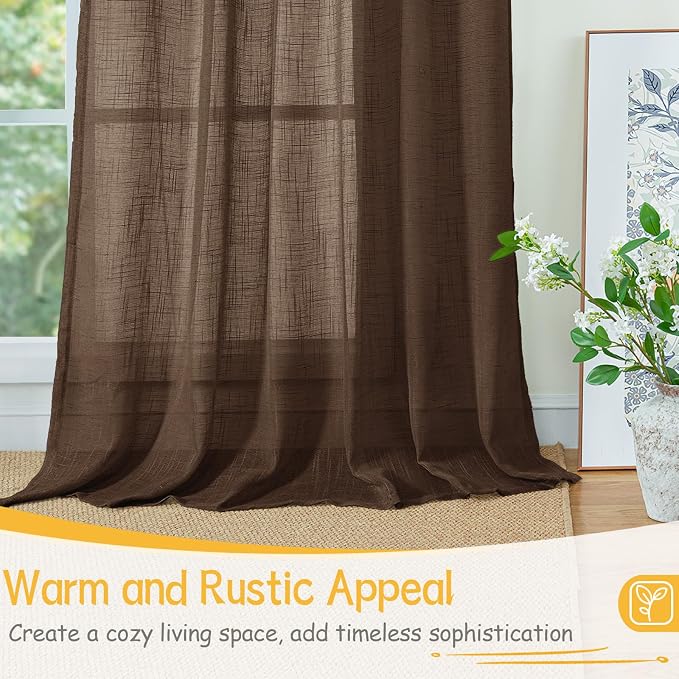 YoungsTex Brown Linen Curtains 45 Inches Long - Small Semi Sheer Drapes with Rod Pocket Back Tab Rustic Natural for Bathroom Kitchen Windows Over Sink, 2 Panels, 34 X 45 Inch