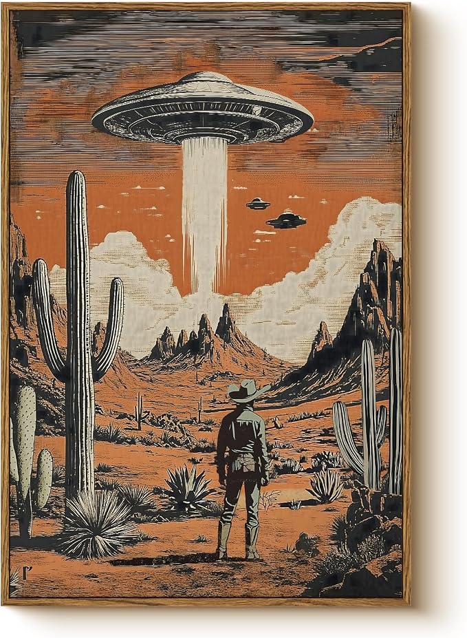 WHASAYART Retro UFO Cowboy Wall Art 12x16 Inch Framed Canvas Print | Vintage Science Fiction Desert Landscape Alien Spaceship Western Scene Cool Artwork, Man Cave Office Game Room Bathroom Decor
