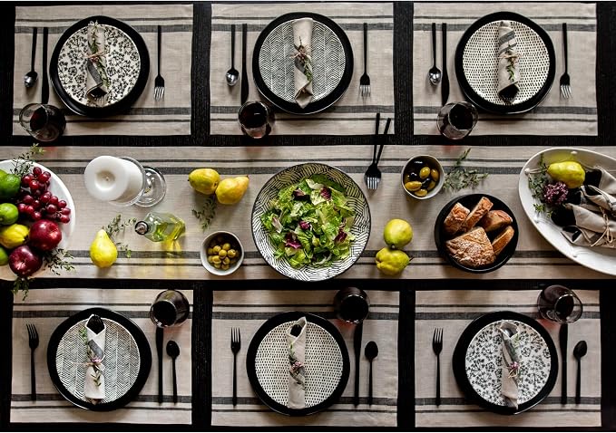 Solino Home 100% Pure Linen Table Runner, 14 x 108 in, Black, French Stripe | brings a tailored look to family meals and hosting, woven stripe, European flax fibres, low iron finish, OEKO-TEX Certified