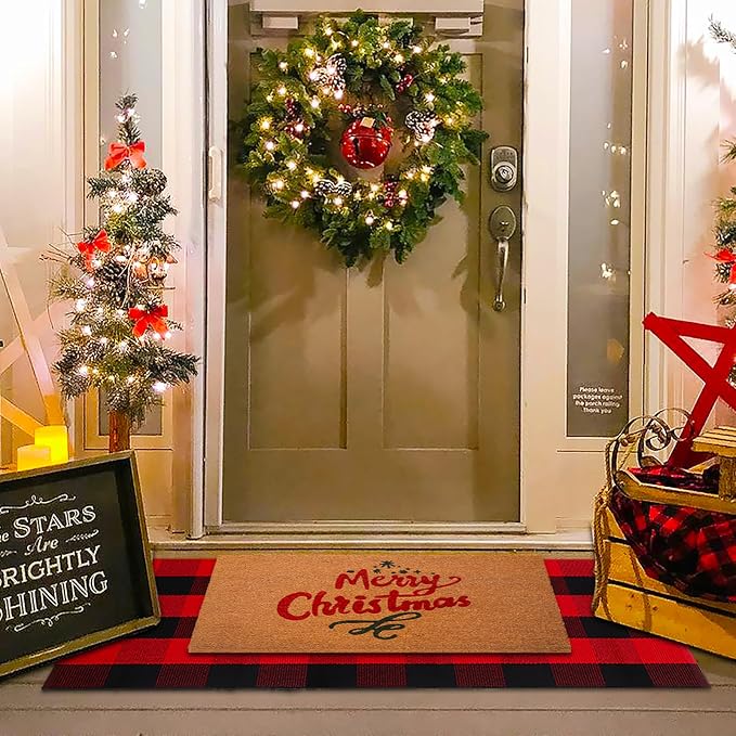 Christmas Red and Black Plaid Rug, 28 x 43 Inches Cotton Hand-Woven Layered Door Mat for Front Porch, Entryway, Outdoor Holiday Decor, Washable Buffalo Check Rug for Home, Patio, Kitchen