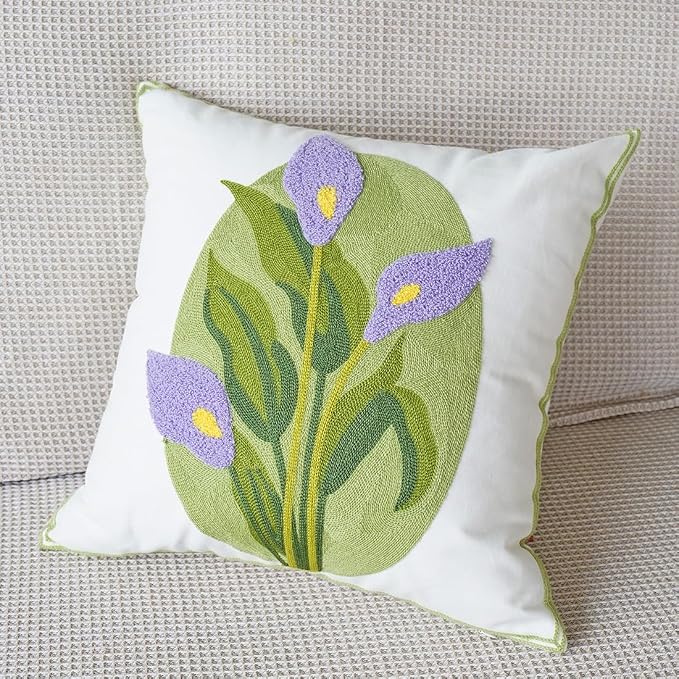 vctops Farmhouse Calla Lily Cotton Tufted Throw Pillow Cover Spring Floral Embroidery Pillowcase Soft Square Cushion Case for Sofa Couch Bed Chair (Purple C,18"x18")
