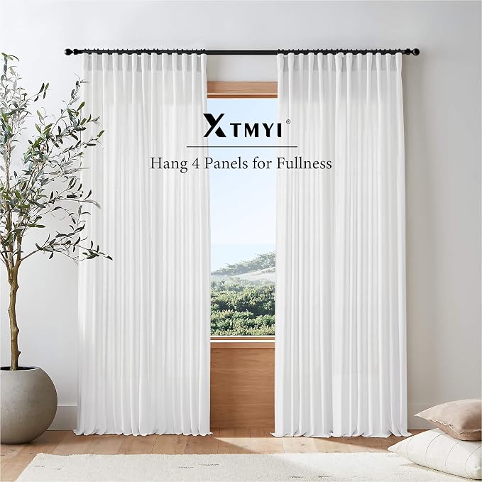 White Sheer Curtains 72 Inches Long for Living Room Bedroom,Linen Cotton Textured Back Tab Hooks Pleat Semi Privacy Light Filtering Sidelight French Door Curtain Drapes 72 In Length 2 Panels Set