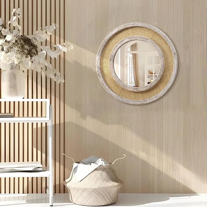 JJUUYOU Round Mirror Wood Frame Circle Hanging Mirrors for Wall Mounted 20 Inch Vintage Mirror for Living Room Bathroom Bedroom Entryway Old White