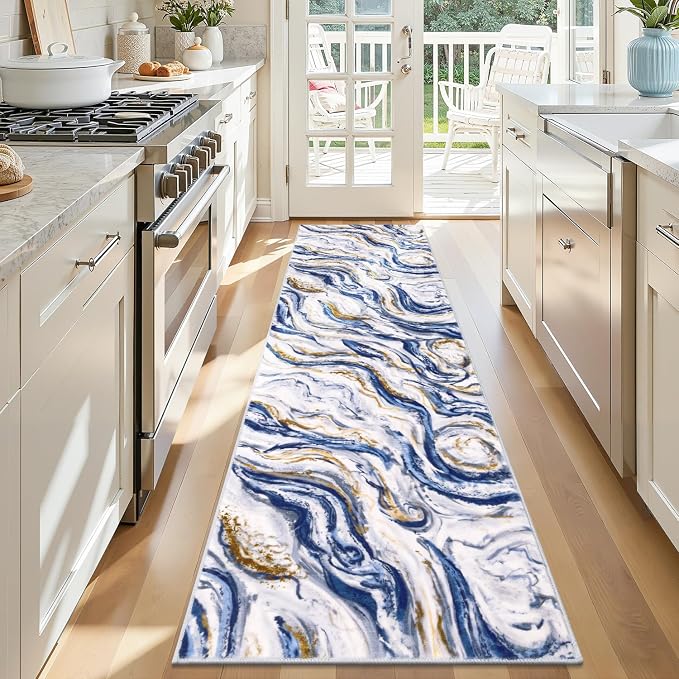 Yamaziot 2x8 Washable Modern Abstract Runner Rug Non-Slip for Hallways | Stain Resistant Kitchen Rug with Rubber Backing, Low Pile, Ultra Soft Carpet Runner for Bedroom, Laundry, Entrance,Blue