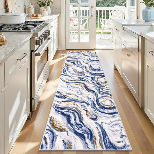 Yamaziot 2x8 Washable Modern Abstract Runner Rug Non-Slip for Hallways | Stain Resistant Kitchen Rug with Rubber Backing, Low Pile, Ultra Soft Carpet Runner for Bedroom, Laundry, Entrance,Blue