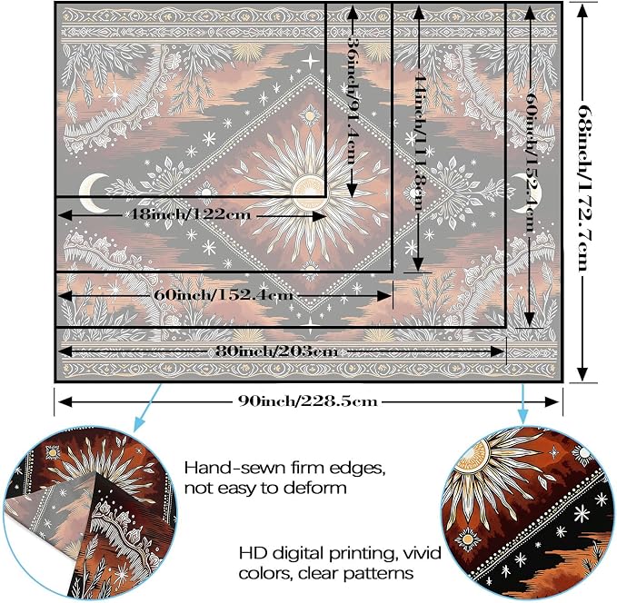 Accnicc Hippie Sun and Moon Tapestry Boho Mandala Floral Wall Tapestry for Bedroom Aesthetic Vintage Plant Celestial Dark Brown Small Tapestries Wall Hanging for Dorm Living Room Decor 48 x 36 Inch
