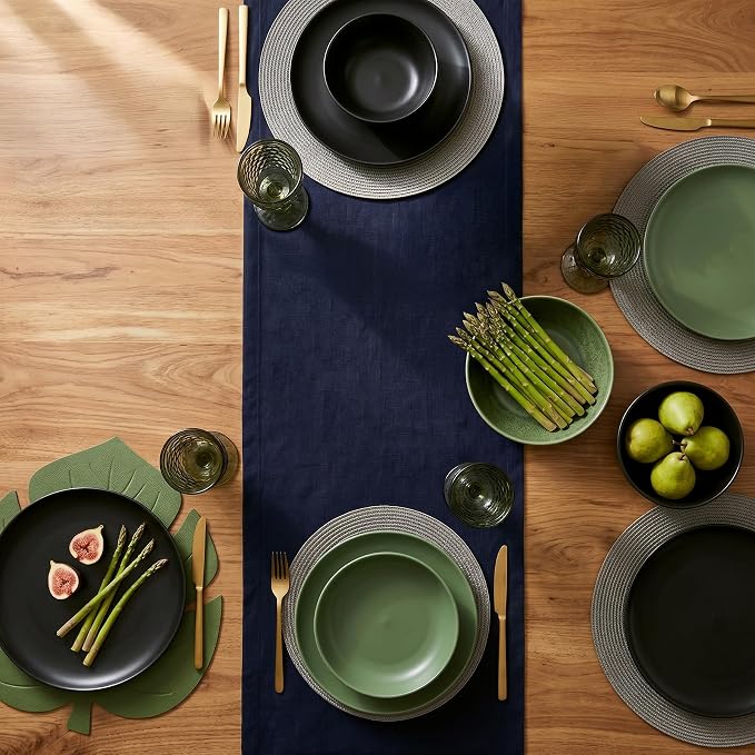 Solino Home 100% Pure Linen Table Runner Navy Extra Long, Fete 14 x 144 in | dresses up dining tables for everyday meals, European flax fibres, handloomed texture, machine washable, OEKO-TEX Certified