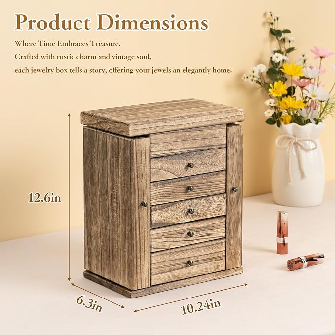 Emfogo Wooden Jewelry Box for Women, 6-Tier Large Jewelry Organizer Boxes with Mirror Rustic Solid Wood jewlery Storage Display for Rings Earrings Necklaces Bracelets watches(Carbonized Brown)