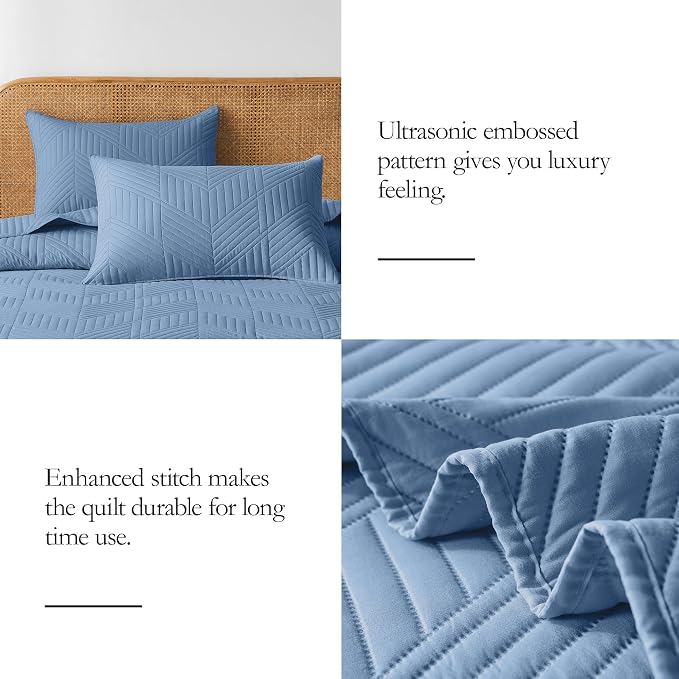 Davulos King Quilt Bedding Set,Bluish Grey Ultrasonic King/Cal King Quilt Set Reversible Microfiber Bedspread,Lightweight Soft Modern Geometric Coverlet Set for All Seasons(1 Quilt,2 Pillow Shams)