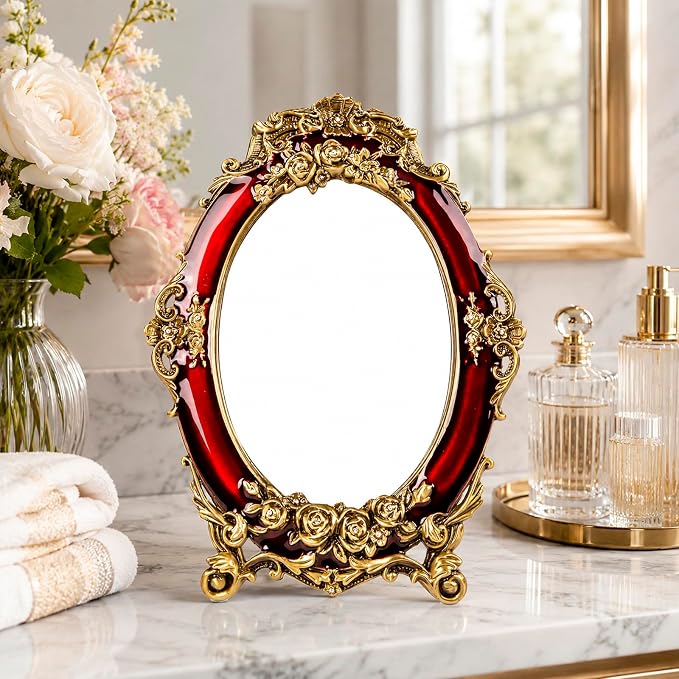 Vintage Vanity Makeup Mirror for Desk - Antique Small Table Decor, Red | Art Nouveau Decorative with Stand, Frame for Tabletop Office Bedroom Furniture Room Bathroom Home Wall Dresser Accessories