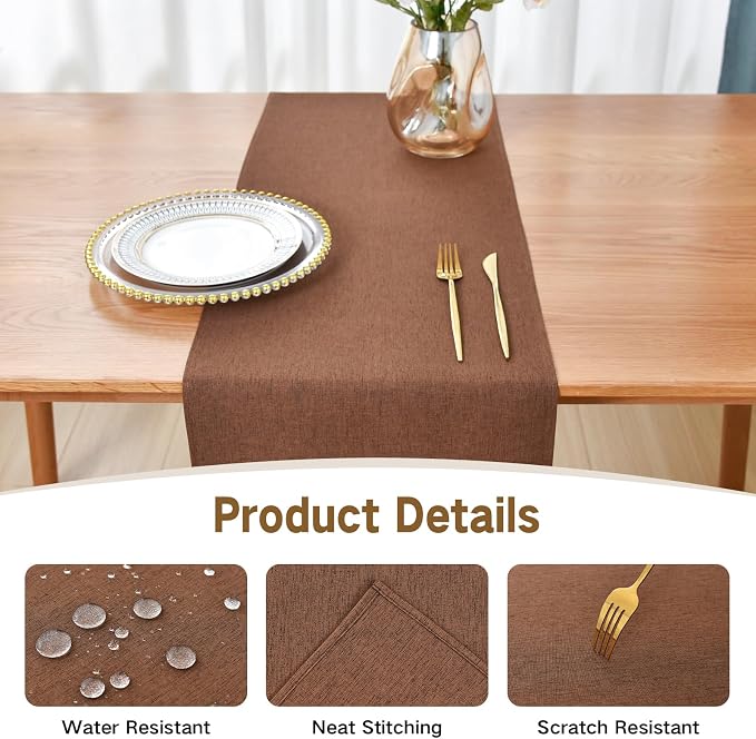 Faux Linen Table Runner Water Resistant 13 x 48 in, Brown | Farmhouse Rustic Table Runners, Coffee Table Runner, Dresser Runners for Bedroom, Living Room, Kitchen, Dining, Party