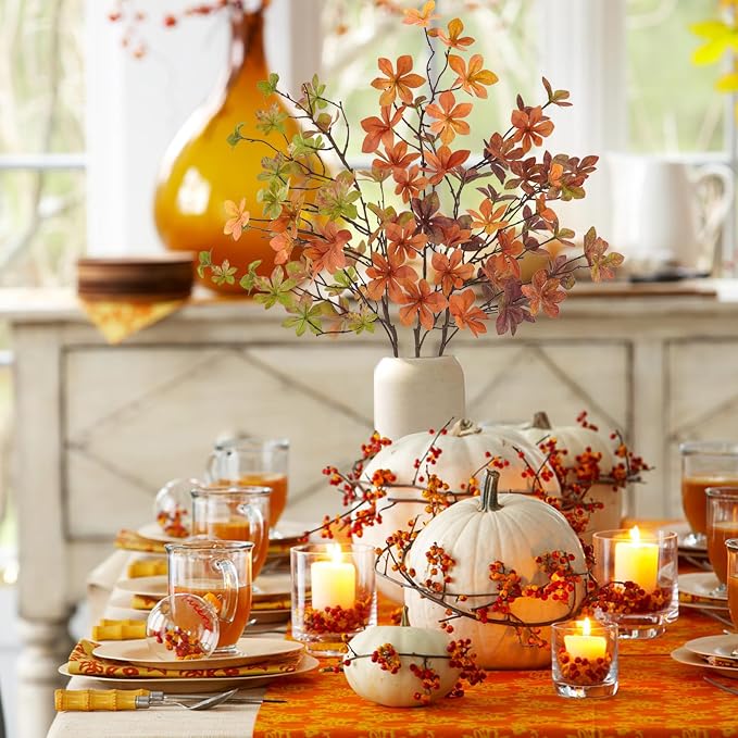 12 Pcs Fall Faux Greenery Stems, Artificial Fall Stem Branches Autumn Leaves with Stems Faux Fall Plants for Vase Home Festival Centerpieces Thanksgiving Fall Decor