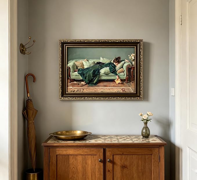 Vintage Gold Framed Wall Art, 3D Textured Victorian Woman Canvas Print | Moody Cozy Black Cat Picture Wall Decor, Antique Woman Reading Sofa Poster Artwork for Library Bedroom Living Room