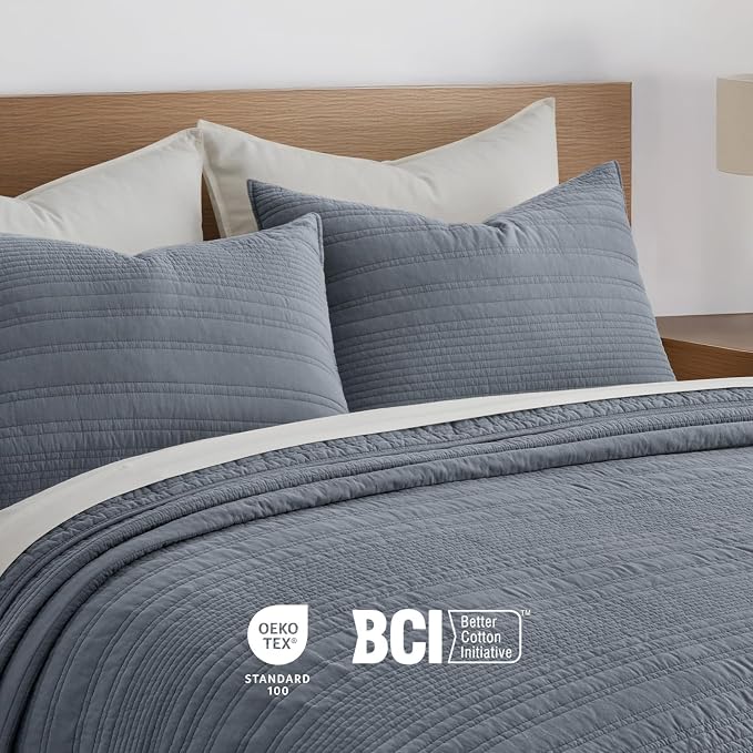 EVERGRACEHOME 100% Cotton Modern Lines Quilt Set King Size, Smoky Blue | Pre-Washed Soft Cotton, Striped Coverlet Bedspread, 3 Piece Lightweight Bedding Set for All Season, with 2 Pillow Shams