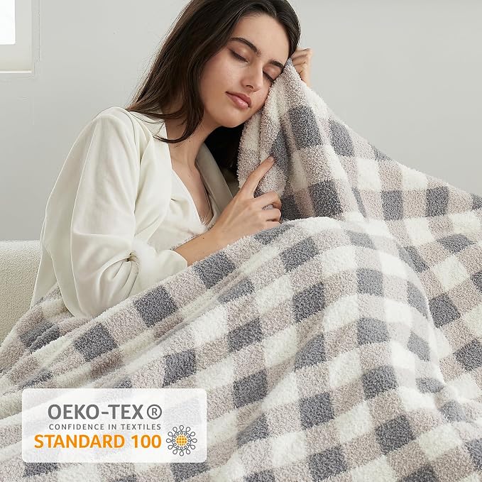 Snuggle Sac Buffalo Plaid Bedding Blanket Twin Size, Super Soft, Cozy Warm Knit Decorative Blankets, Reversible Plaid Fluffy Throws for Bed, Plaid Grey, 60x80 Inches